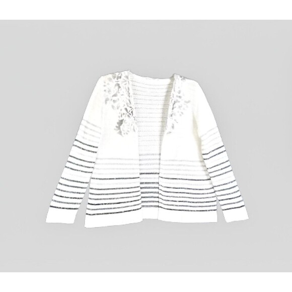SKOVHUUS White Striped Cardigan Sweater Sz XL Gray Black Silver Stripes Italy - Picture 7 of 9